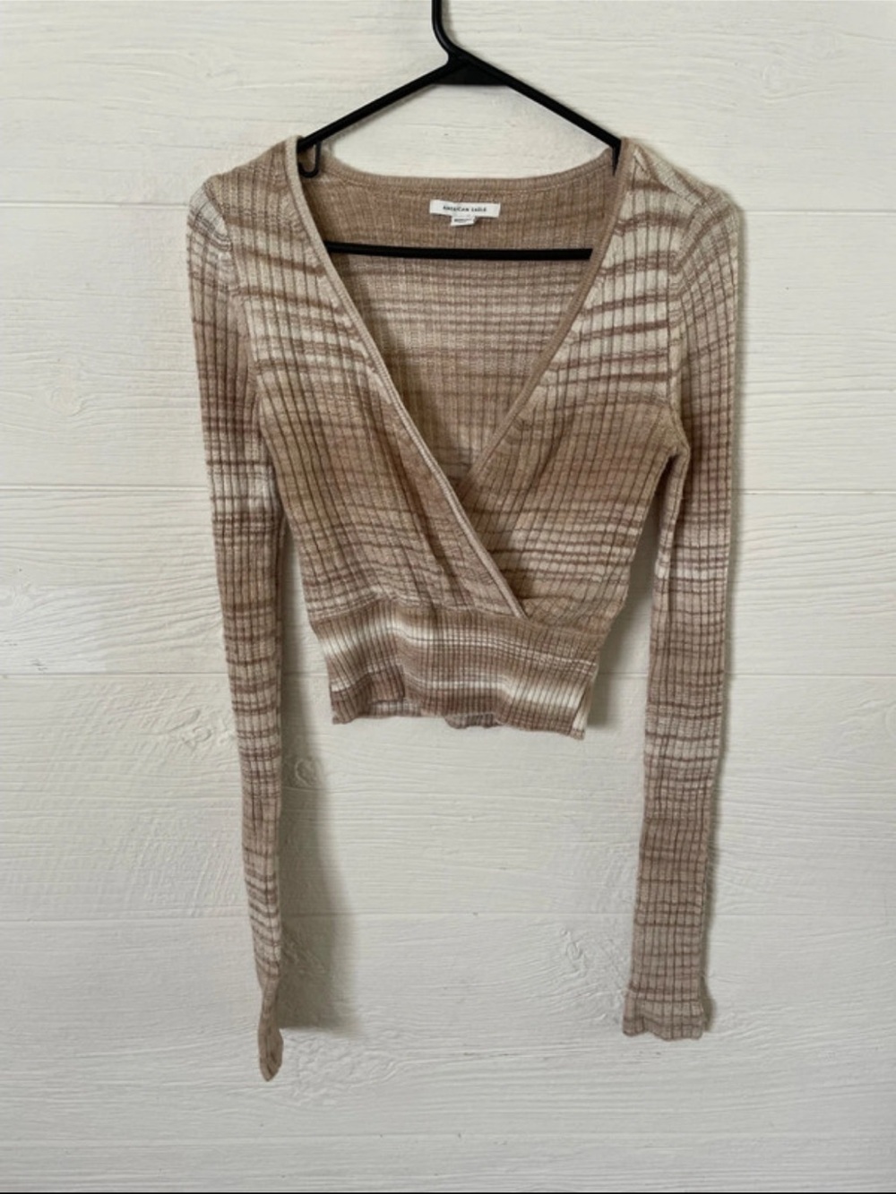 American Eagle Outfitters Ribbed Wrap Long Sleeve Top - Taupe & White